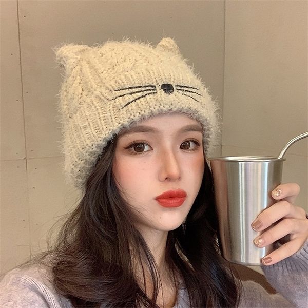 

beanieskull caps wide brim hats bucket hats lovely warm winter casual skullies beanies hat fashion design girls cap hat gray white cute cat, Blue;gray