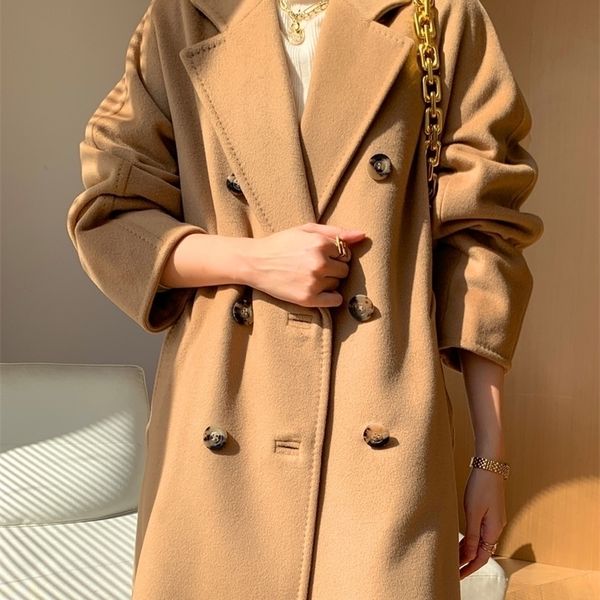

womens wool blends cashmere coat womens highend doublebreasted camel classic luxurious autumn and winter midlength wool coat women 101801 22, Black