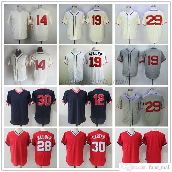 

mitchell and ness baseball jersey vintage 12 francisco lindor 14 larry doby 19 bob feller 28 corey kluber 29 satchel paige 30 joe carter jer, Blue;black