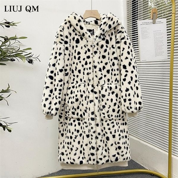 

womens fur faux winter coat leopard print mink plush jacket long hooded loose thick warm female 220927, Black