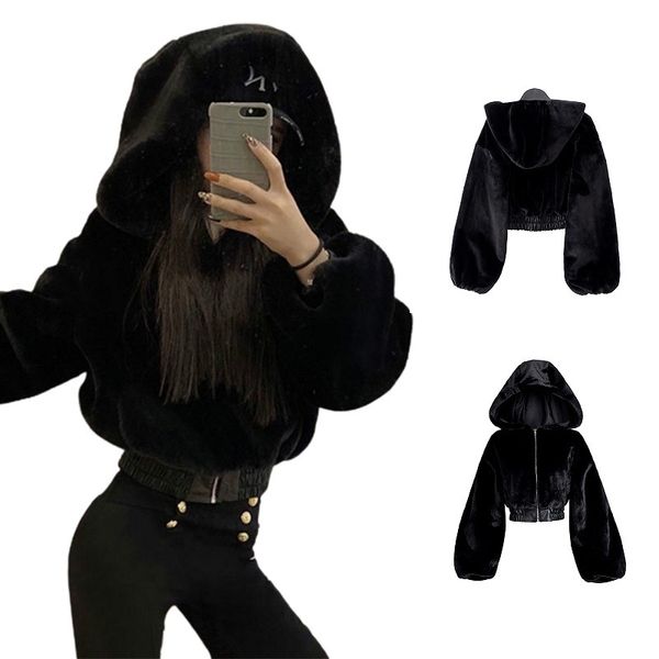 

women's fur faux fur autumn winter faux rabbit fur bomber teddy coat zipper streetwear high waist furry hooded plush jacket cardigan fl, Black
