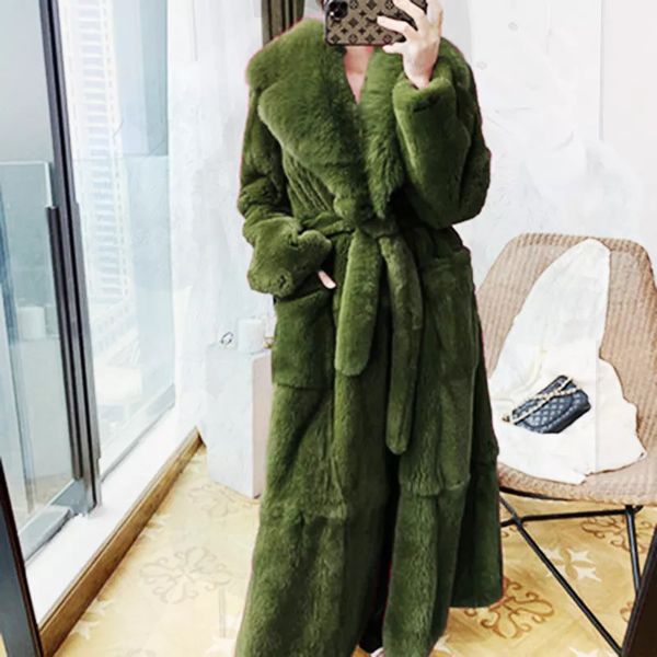 

womens fur faux fur plus size 5xl winter coat women fashion belt x long v neck thick warm faux fur winter coats for women b051 220927, Black