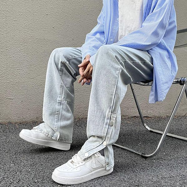 

men's jeans autumn retro blue baggy streetwear korean fashion loose straight denim pants buttons on the trousers 220927