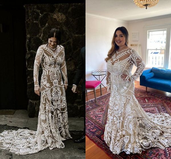 

champagne plus size mermaid wedding dresses rue de seine illusion long sleeve backless crochet lace bohemian country bridal gowns, White