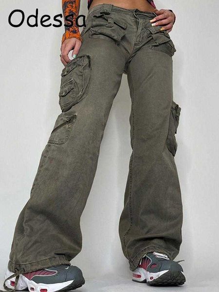 

women's pants capris odessa retro gray overalls jeans women's fashion low waist cargo pants 90s streetwear pockets wide leg straig, Black;white