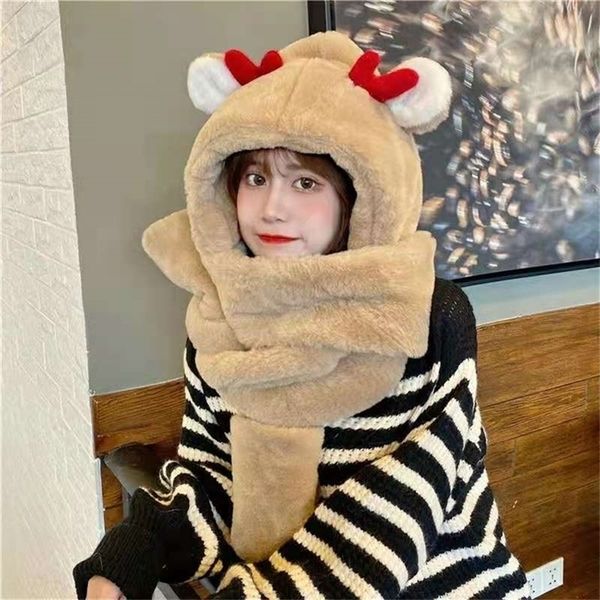 

wide brim hats bucket winter cute sell deer ears warm hat windproof neck scarf cap student women plus cashmere ins 220927, Blue;gray