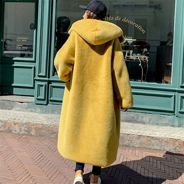 

womens wool blends hooded imitation mink hair long jacket winter coat women faux rabbit fur loose thick warm 220926, Black