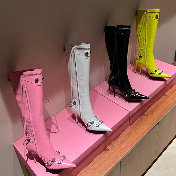 

winter 2022 ladies luxury rivets stilettos thigh-high boots new gear leather leading trendsetting zipper pointy high heels high-end women ta, Black