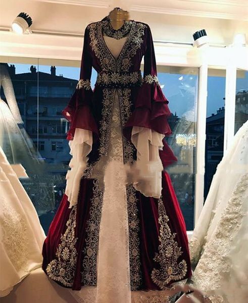 

luxury turkey moroccan kaftan evening dresses burgundy caftan abaya lace appliques crystals beaded formal party gowns long sleeves a-line pr, Black;red