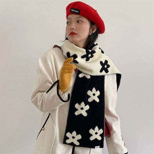 

scarves wool knitted winter scarf doublesided floral scarves for women warm wool foulard shawl for female patchwork design 220927, Blue;gray