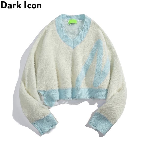 

womens sweaters dark icon ripped vneck pullover cropped sweater for girls autumn oversized women sweaters short design 220923, White;black