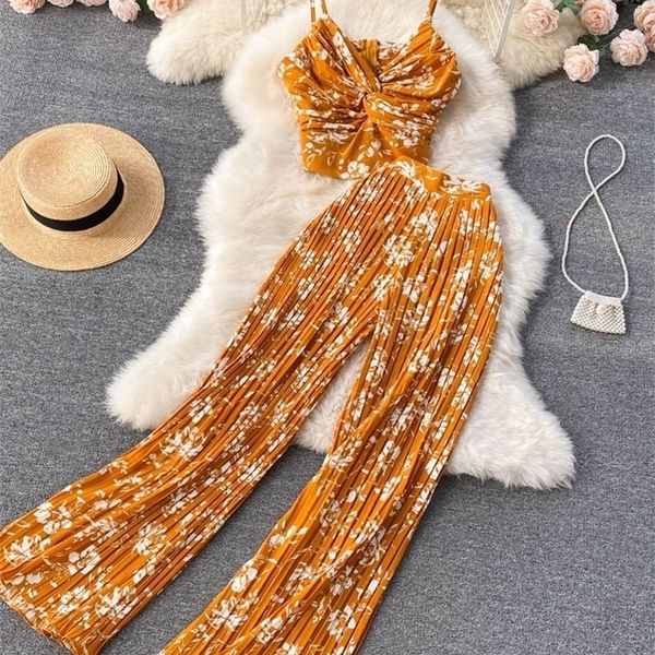 

women's tracksuits summer women printed two piece set beach female strap camis draped wide leg pants black/red/blue/yellow suits 22092, Gray