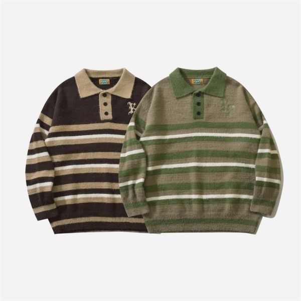 

men's sweaters vintage japanese pullover men striped patchwork sweater loose causal polo couple knitted autumn winter jumpers 220927, White;black