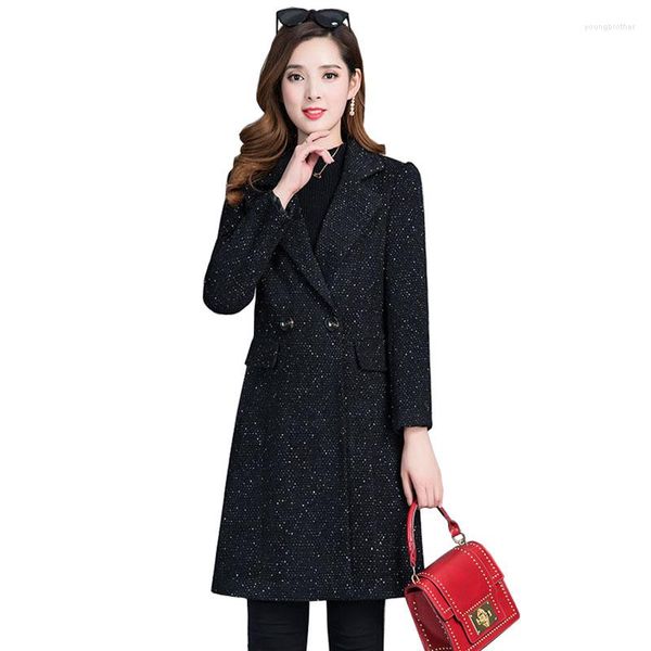 

women's wool woolen coats women 2022 autumn fashion mid-length high-end temperament slim winter coat f253, Black