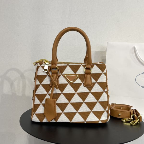 

knitted cloth killer bag canvas tote handbags shopping bags woven fabric wide shoulder strap genuine leather handle zipper pocket triangle p