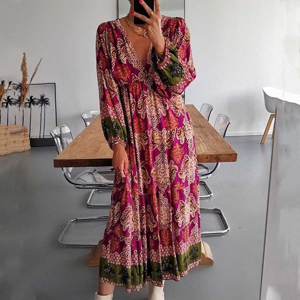 

casual dresses autumn spring casual a-line long dress elegant floral print long sleeve pleated dress lady v neck high waist vintage party dr, Black;gray