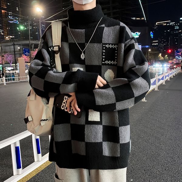 

men's sweaters japanese checkerboard plaid turtleneck knitted sweater men winter clothes high street fashion pullover warm goth emo str, White;black