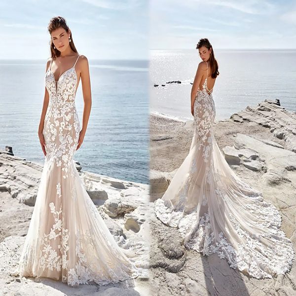 

chic beach mermaid wedding dress 2022 light champagne lace backless boho country bride gowns v neck spaghetti straps bridal dress robe de ma, White