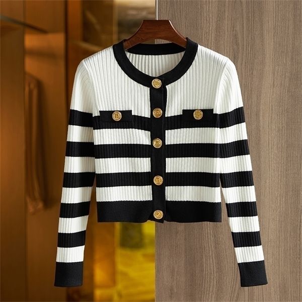 

womens knits tees fall factory price thin knitted fabric oneck long sleeve casual striped short cardigan sweater 220923, White