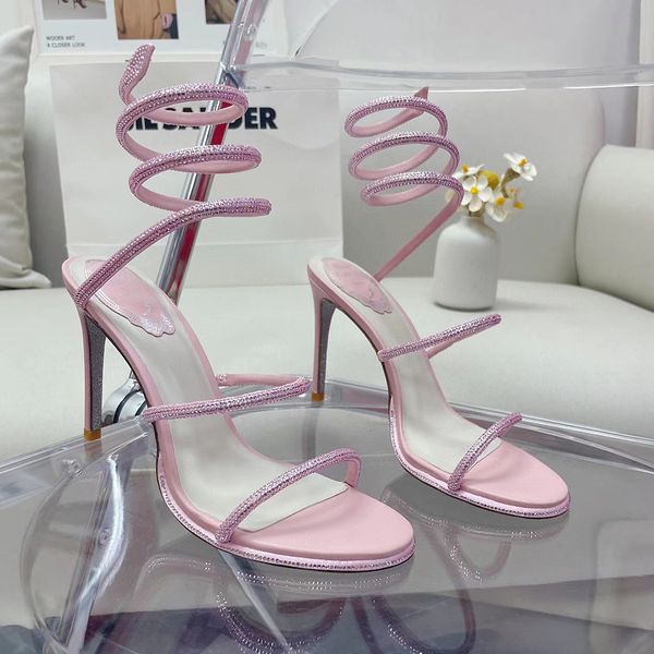 

strass rhinestone snake stiletto sandals rene caovilla cleo 95mm evening shoes women's high heels ankle wraparound luxury designer fact