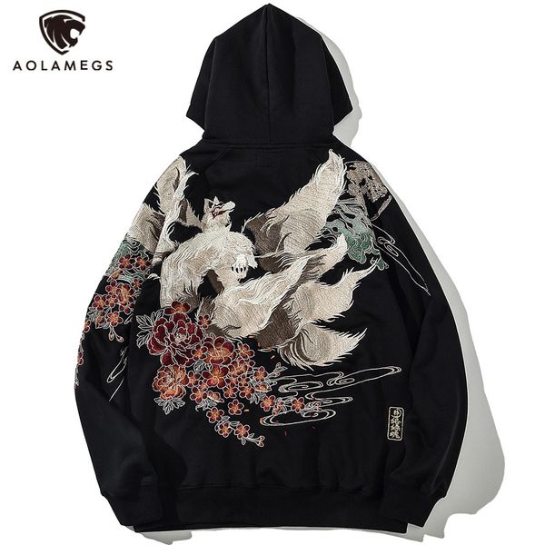 

men's jackets aolamegs hoodies embroidery sweatshirt men hip hop pullover retro black hoodie autumn streetwear harajuku casual hooded 2, Black;brown