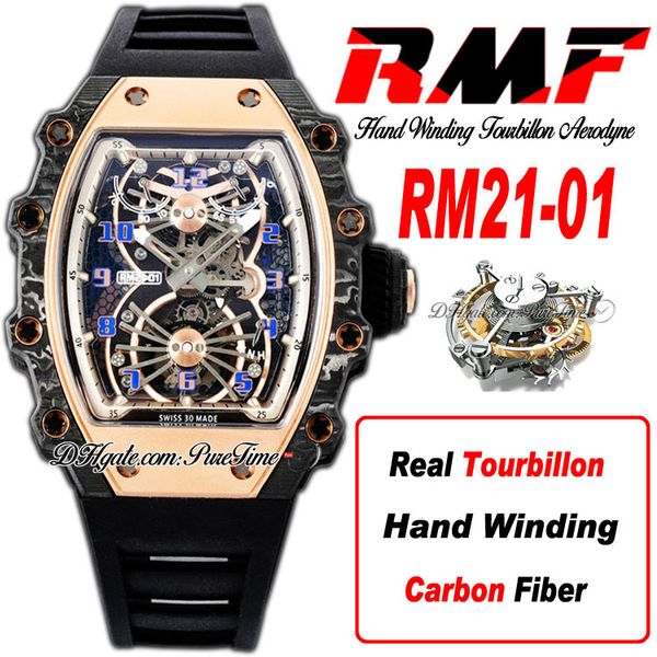

21-01 real tourbillon aerodyne hand winding mens watch rmf rose gold carbon fiber case skeleton dial black rubber strap watches super editio, Slivery;brown