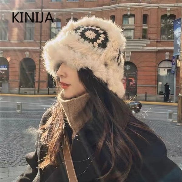 

stingy brim hats rabbit hat women winter thickened ear protection retro literature art knitted wool hat lady handmade crochet panama bucket, Blue;gray