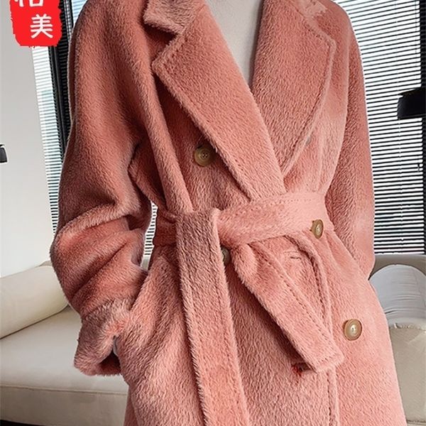 

womens fur faux highend cashmere overcoat midlength winter thickened su li alpaca fleecefiber coat 220927, Black