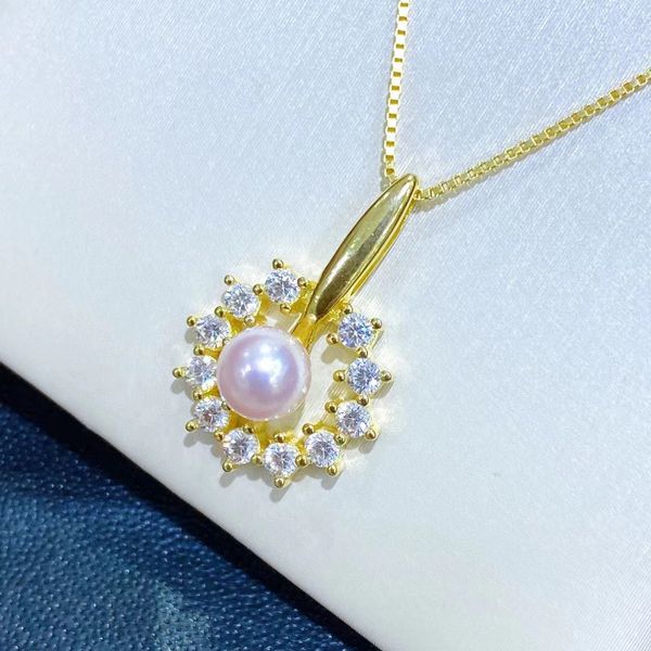 

22092604 women's pearl jewelry necklace akoya 5.5-6mm rhinestone zirconia sun flower pendent chocker 18k yellow gold plated girl gift b, Silver