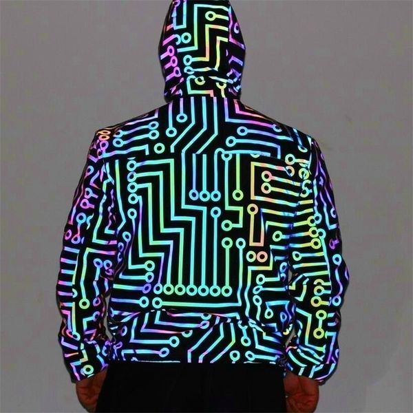 

men's jackets men geometric circuit lines colorful reflective jackets hip hop windbreaker men's reflect light casual coats jaqueta, Black;brown