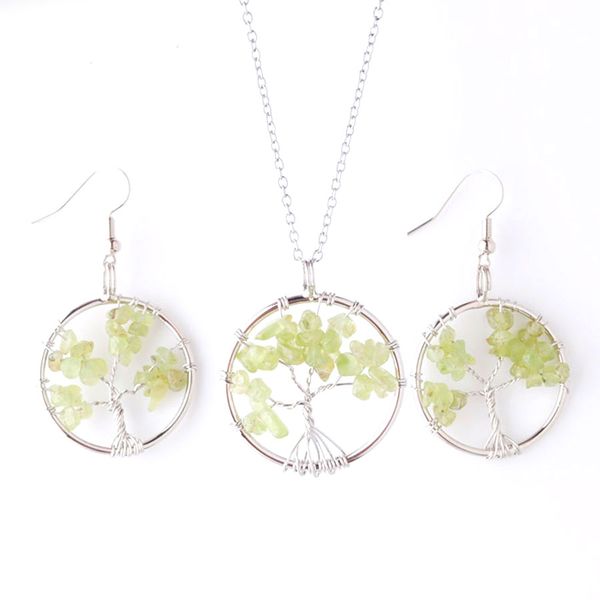 

women classic love gift pendant necklace jewelry set aventurine stone tree of life hook dangle drop earring chain 45cm bm908, Silver
