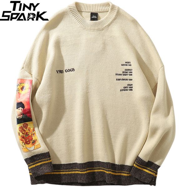 

men's sweaters men hip hop pullover streetwear van gogh painting embroidery knitted retro vintage autumn cotton 220927, White;black