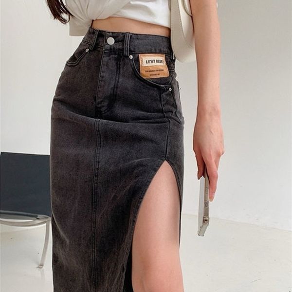 

skirts streamgirl maxi jeans skirt women denim long skirts summer vintage maxi skirt side split denim skirt women long korean 220924, Black