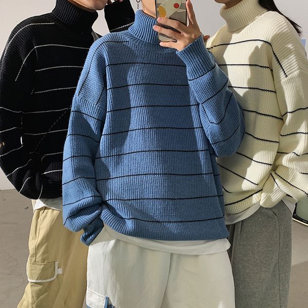 

men's sweaters privathinker autumn winter striped sweater loose turtleneck fashion couple clothing male casual knitted pullovers 220927, White;black