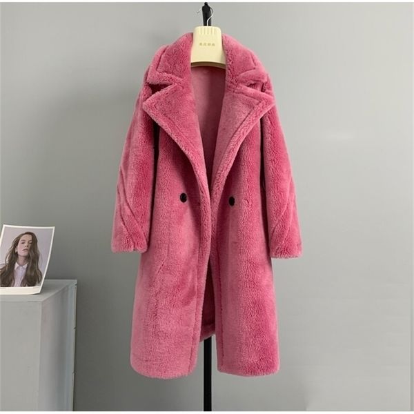 

womens fur faux teddy coat winter alpaca fleecefiber wool plush lamb midlength 100 australian wool fur jacket 220926, Black