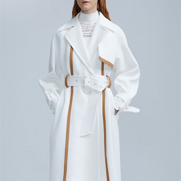 

womens wool blends lautaro spring autumn long brown leather patchwork white trench coat for women belt runway luxury designer overcoat fashi, Black