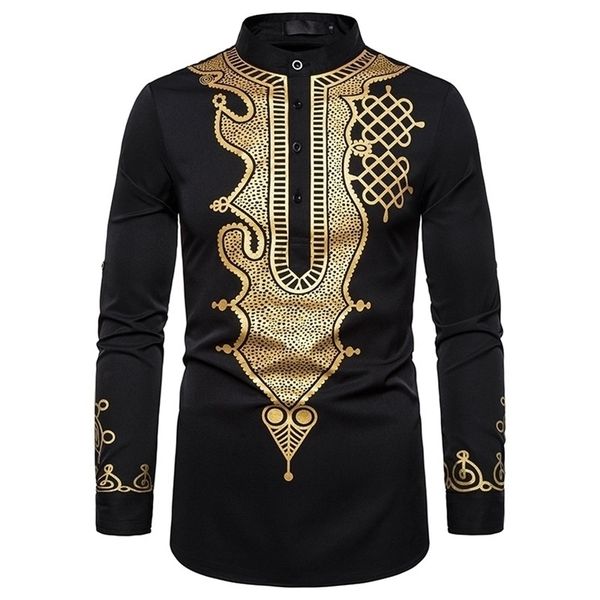 

men's casual shirts men's casual long sleeve luxury gold floral print henley shirt ethnic style stand collar african dashiki shirt, White;black