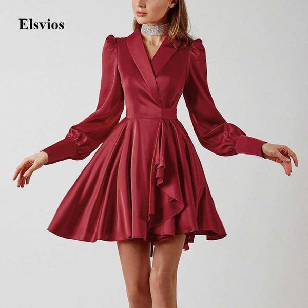 

casual dresses 2021 summer spring women pleated mini dress elegant solid long sleeve party dress v neck button office lady dress vestidos t2, Black;gray