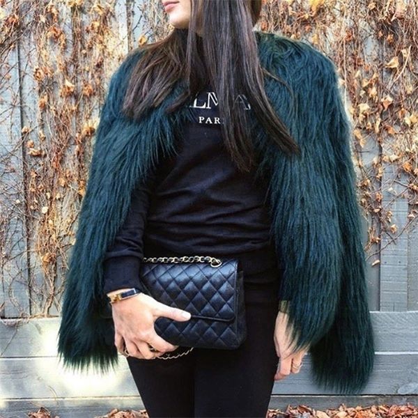 

womens fur faux fur furry fur coat women fluffy warm long sleeve outerwear autumn winter coat jacket hairy collarless overcoat plus size 3xl, Black