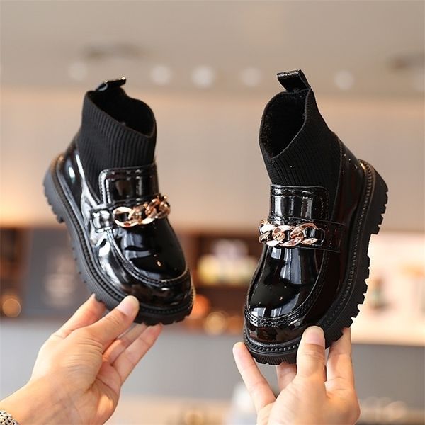 

boots girls leather metal chains flying woven stitching princess kids soft sole children socks fashion 220924, Black;grey