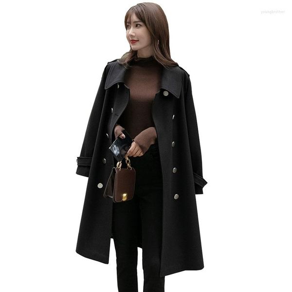 

women's trench coats elegant casual plus size loose woolen 2022 women autumn winter slim medium-length coat f310, Tan;black