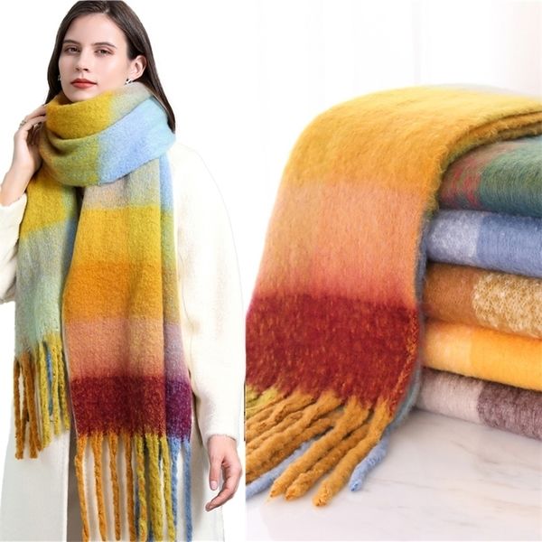 

scarves winter thick warm scarf women cashmere pashmina shawl wraps neckerchief bufanda female rainbow hairy tessel echarpe 2023 220927, Blue;gray