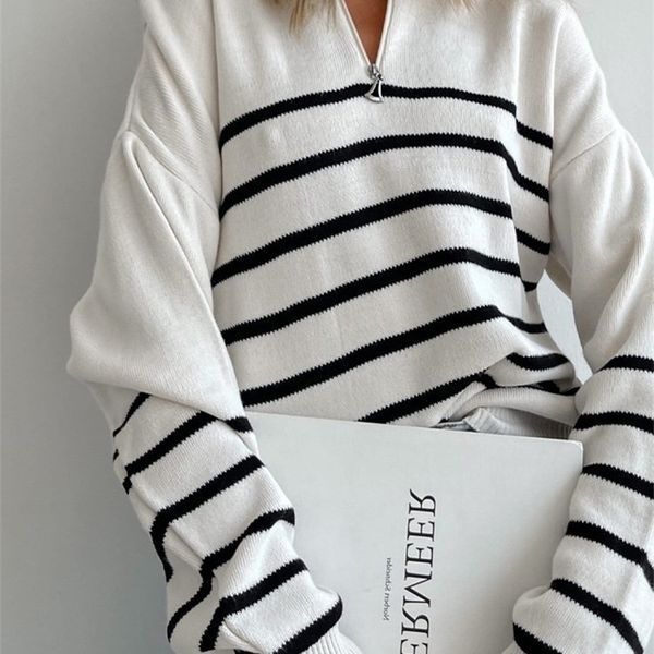 

womens sweaters striped turtleneck oversized fashion zipper knitted sweater casual autumnwinter long sleeve pullover women 220923, White;black