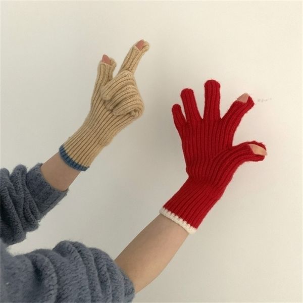 

five fingers gloves autumn and winter faux wool thick for women cycling knitted halffinger warm touch screen 220927, Blue;gray