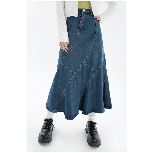 

skirts summer vintage blue women denim trumpet skirt streetwear style casual irregular high waist ladies long mermaid jean skirt 220924, Black
