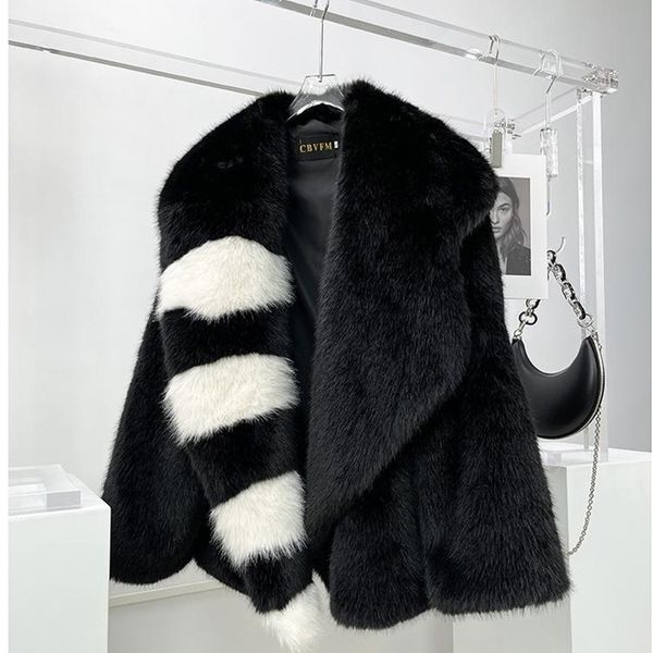 

womens fur faux getspring coat irregular color matching long black khaki vintage fashion 220927