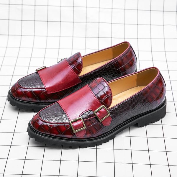 

Monk Loafers Men Shoes Color Matching Stitching PU Crocodile Pattern Round Toe Double Buckle Business Casual Wedding All-match AD269, Clear