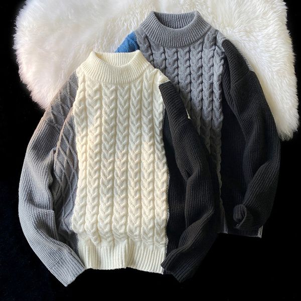 

men's sweaters privathinker knitted pullovers thickened mock neck contrast color casual winter male sweater warm clothing 220927, White;black