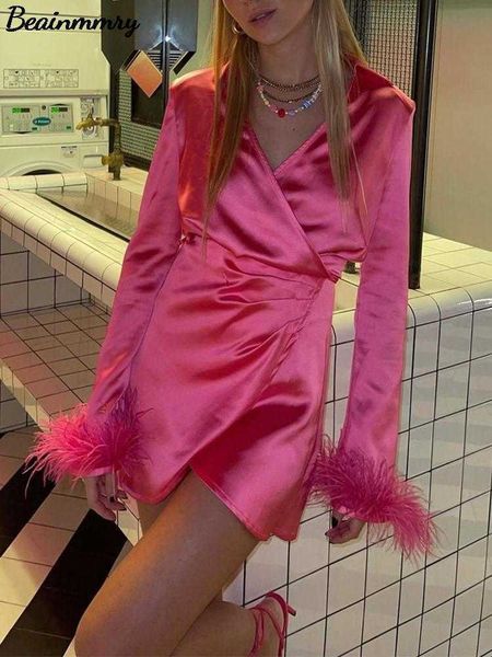 

casual dresses women rose red satin feather decoration lace-up mini dress female spring fashion chic high street pleated irregular hem dress, Black;gray