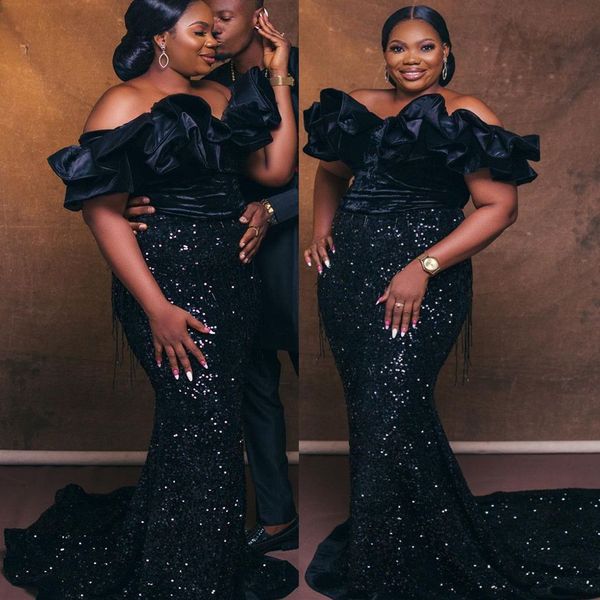 

2023 black mermaid prom dresses ruffles sparkly sequins custom made off the shoulder neck evening gown formal occasion wear vestidos plus si